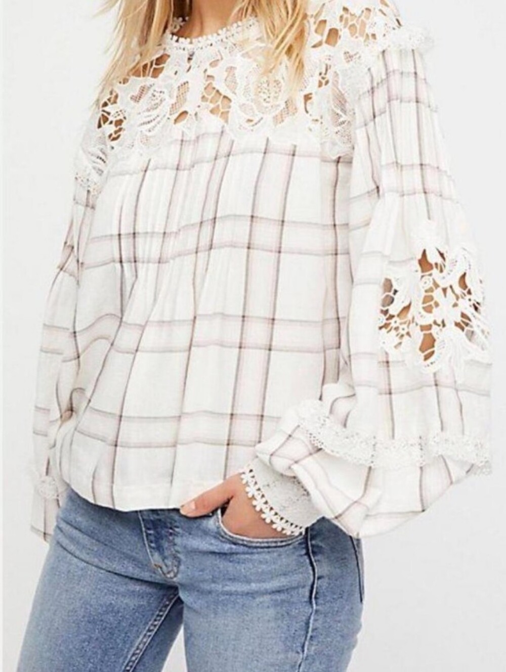 Free People Lace Yoke Plaid Peasant Blouse - White/Pale Pink